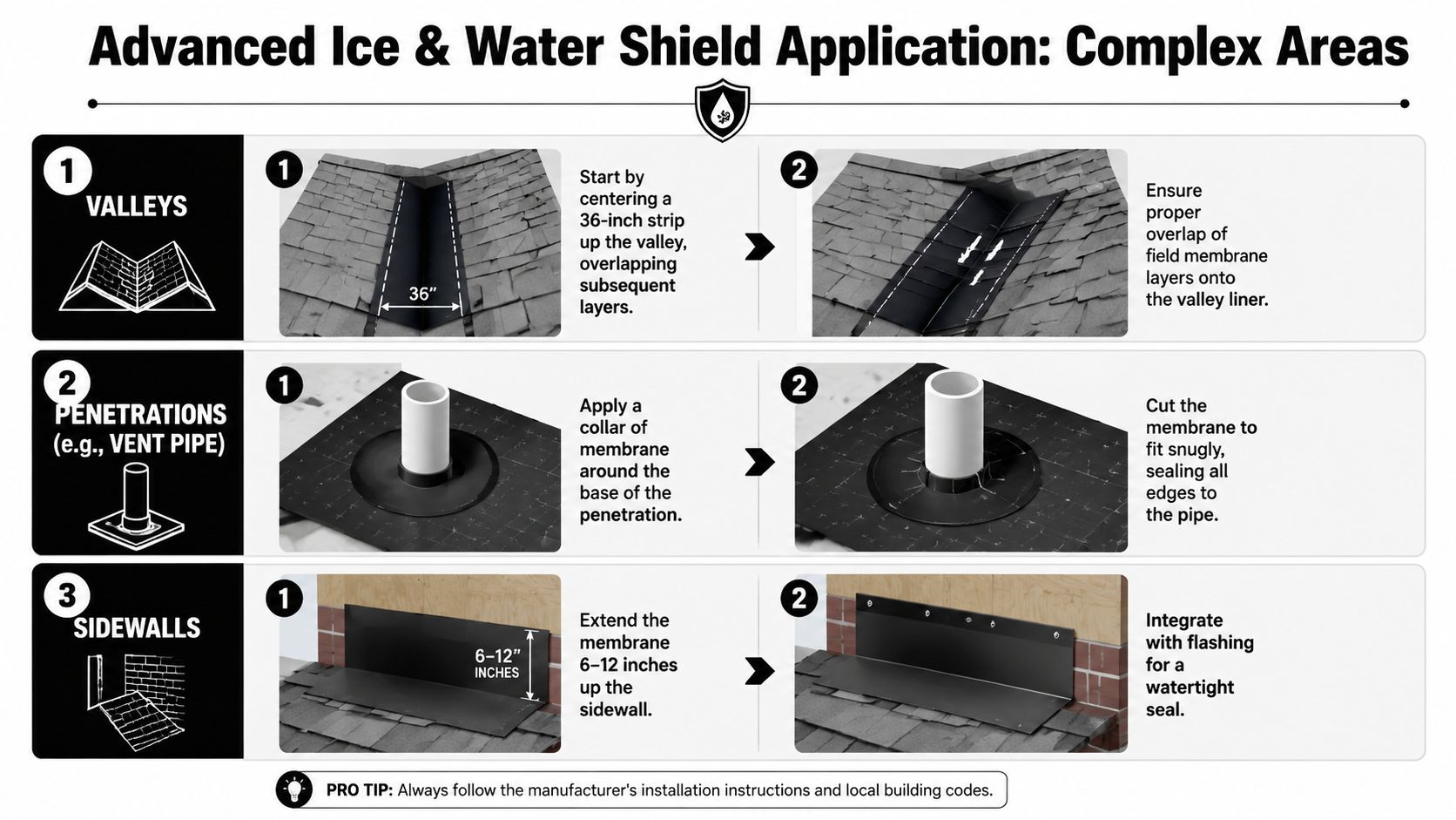 A diagram illustrating step-by-step instructions for installing advanced ice and water shields in complex roof areas.