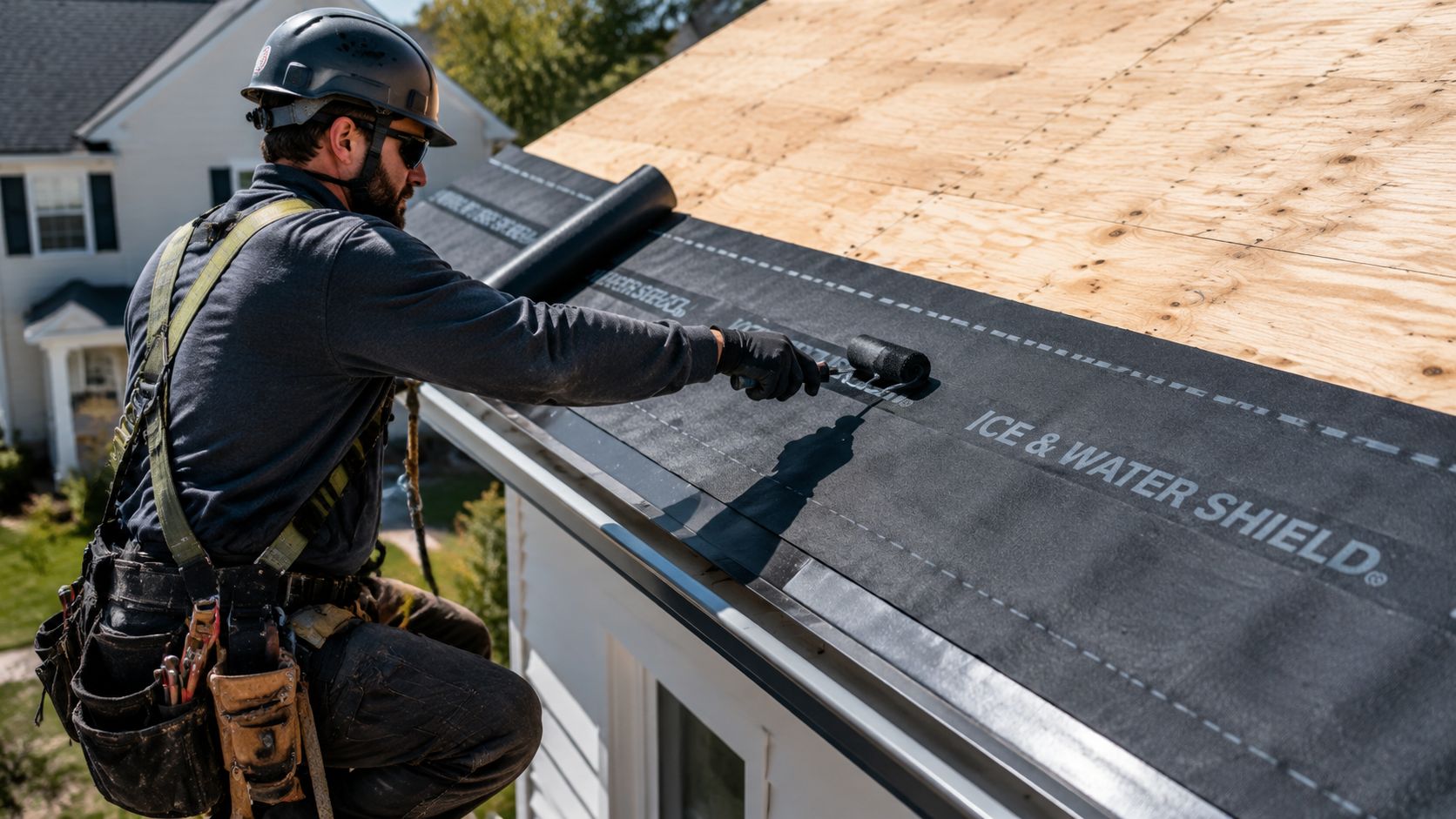 A professional roofer installing black ice and water shield membrane on a wooden residential roof.