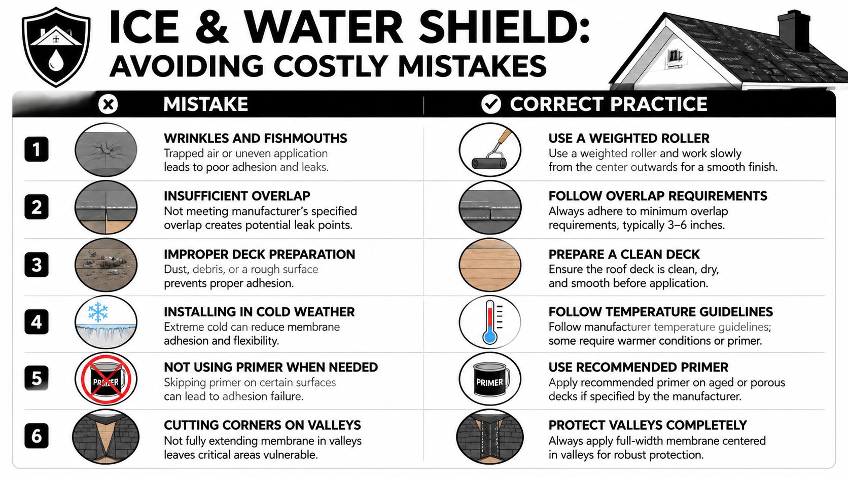 An infographic detailing six common mistakes and correct practices when installing ice and water shield on roofs.