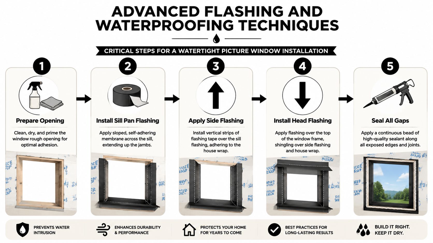 An infographic showing five critical steps for a watertight picture window installation including flashing and waterproofing techniques.