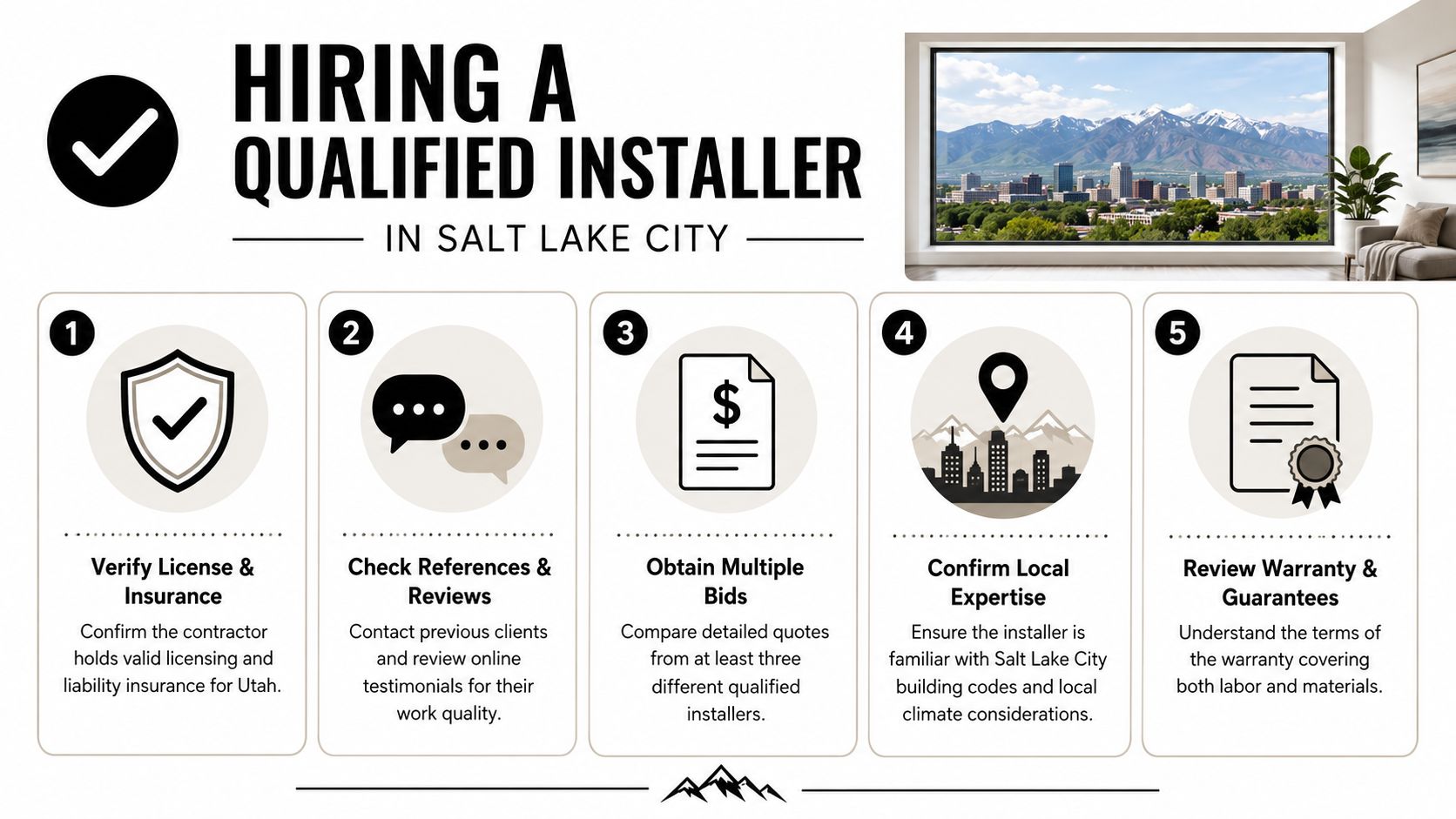 An infographic detailing five essential steps for hiring a professional window installer in Salt Lake City, Utah.