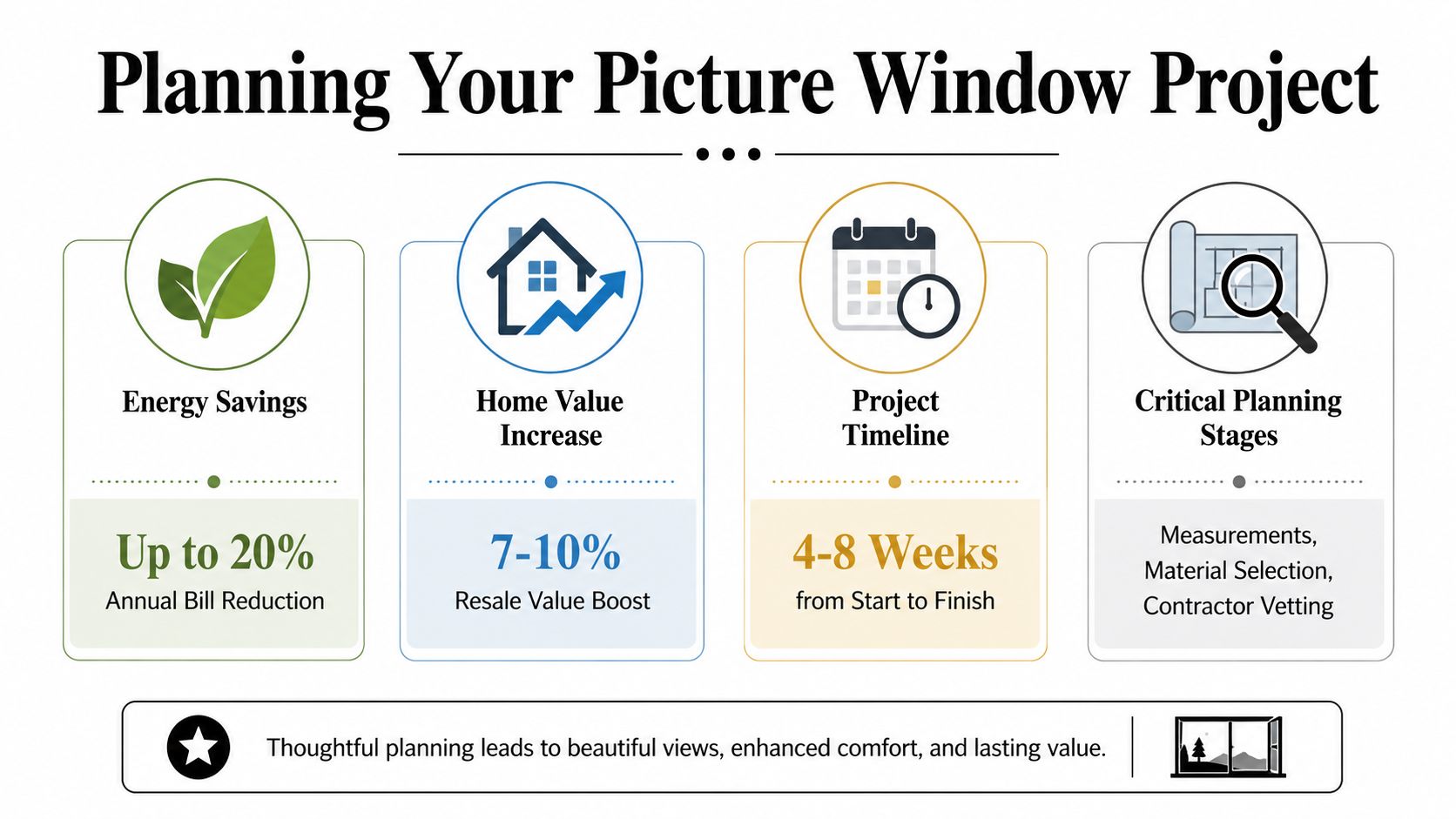 An infographic titled Planning Your Picture Window Project highlighting benefits like energy savings, home value, and timeline.