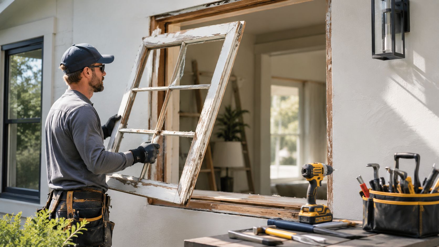 A professional construction worker installing an old window frame into a house exterior wall.