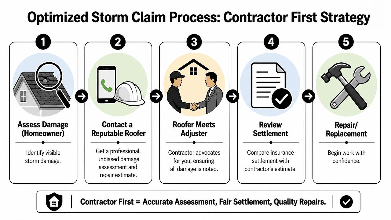 A step-by-step infographic showing an optimized five-step storm damage claim process using a contractor first strategy.