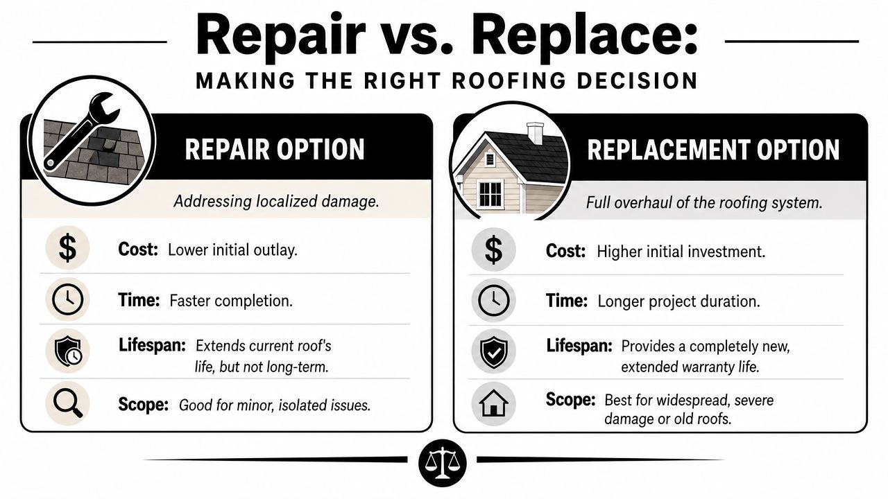 A comparison infographic showing the pros and cons of choosing roof repair versus full roof replacement.