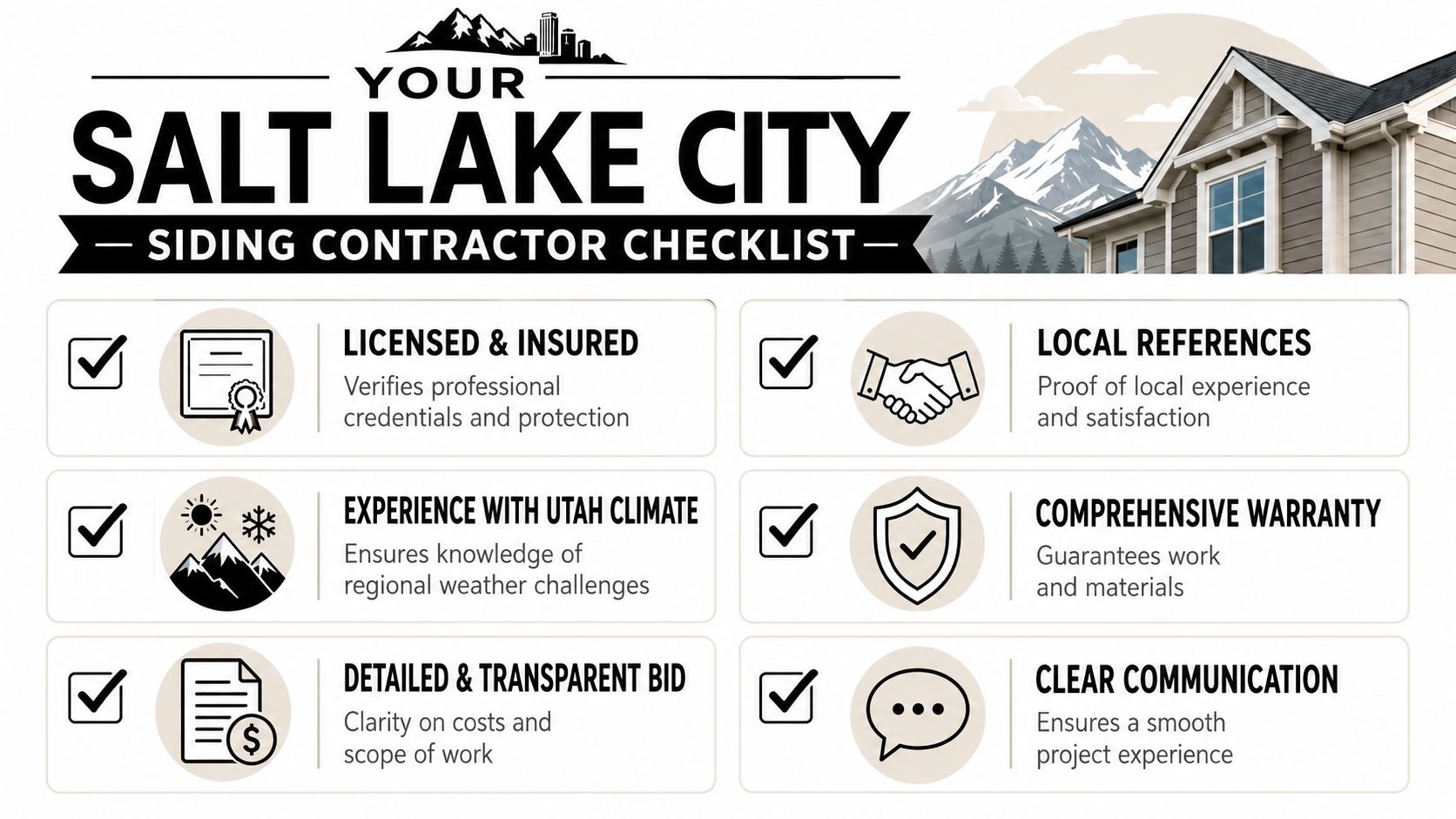 A checklist for selecting a siding contractor in Salt Lake City with key professional qualifications and criteria.