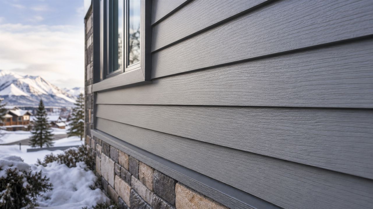 A close up view of gray weather resistant siding on a modern home with stone accents outdoors.