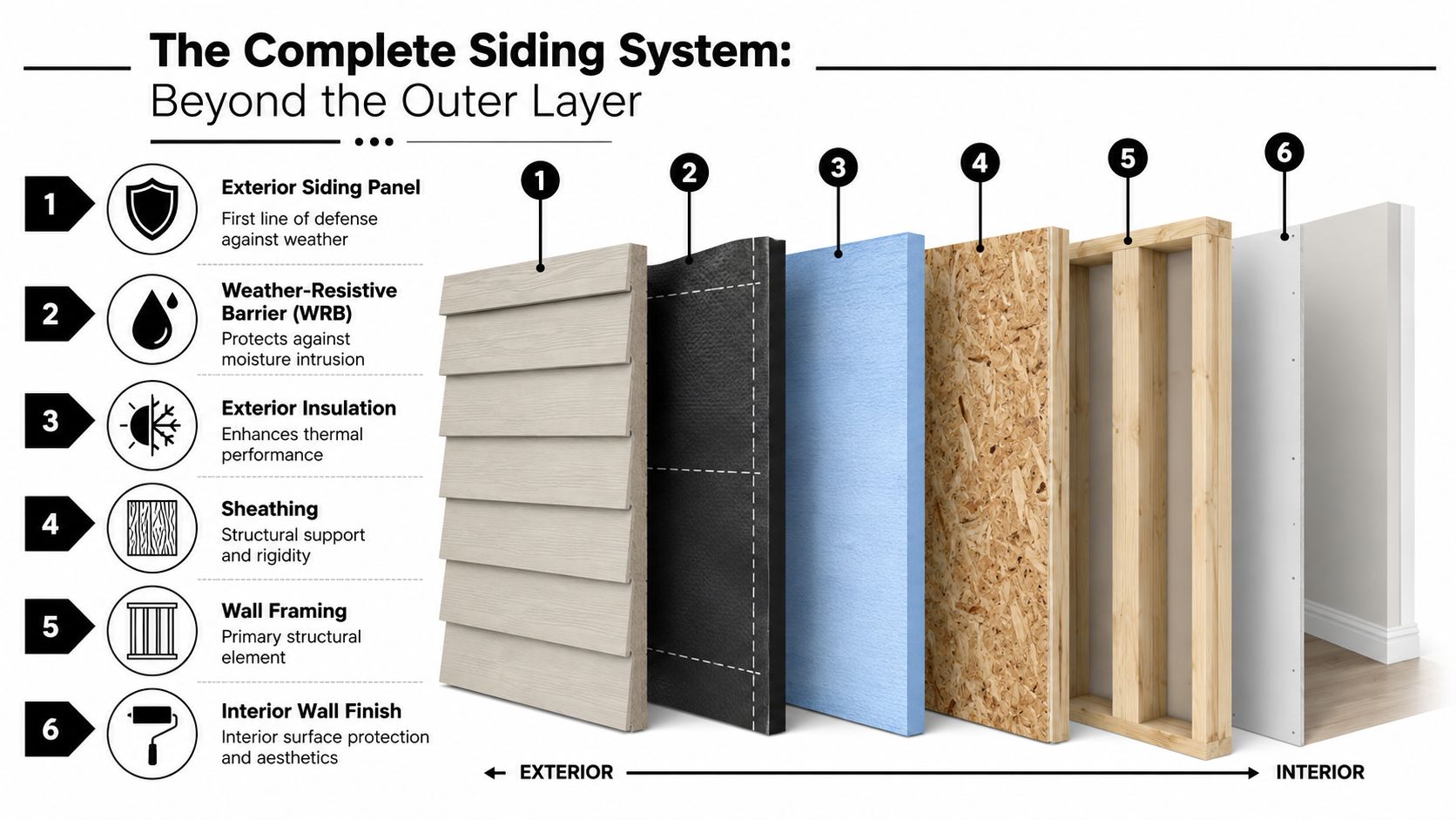 A diagram illustrating the six components of a complete exterior wall siding system from exterior to interior.