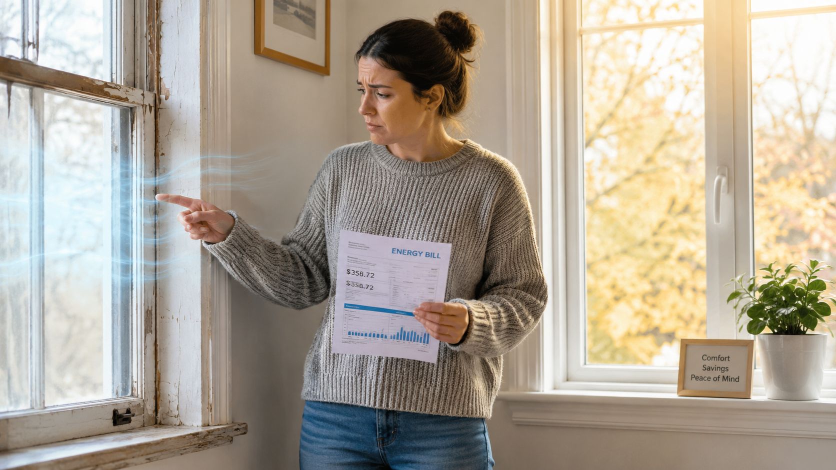 A concerned woman holding an energy bill and pointing at a drafty, old wooden window frame.