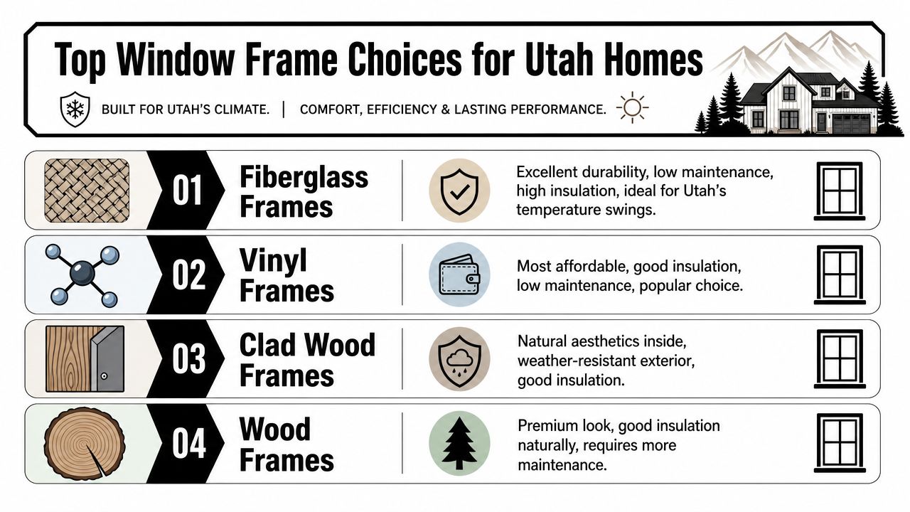 A list of the top four window frame materials suitable for homes in Utah, including descriptions and features.
