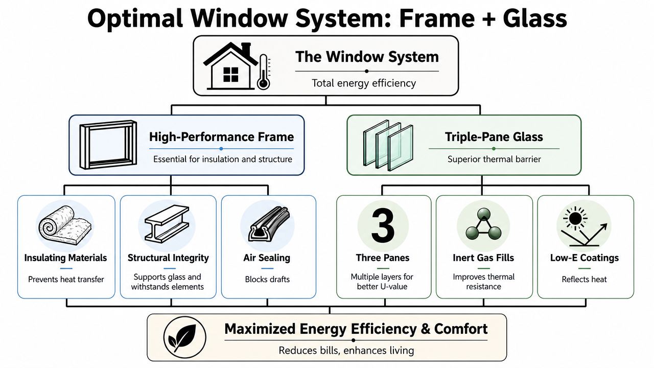 A diagram illustrating an optimal window system featuring high-performance frames and triple-pane glass for energy efficiency.