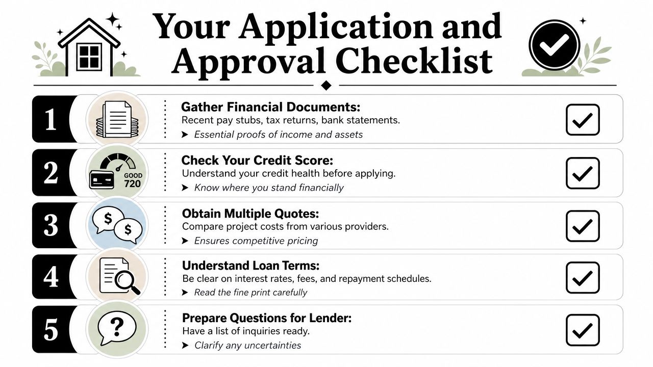 A five-step checklist for home improvement loan application and approval, shown in a clean infographic style.
