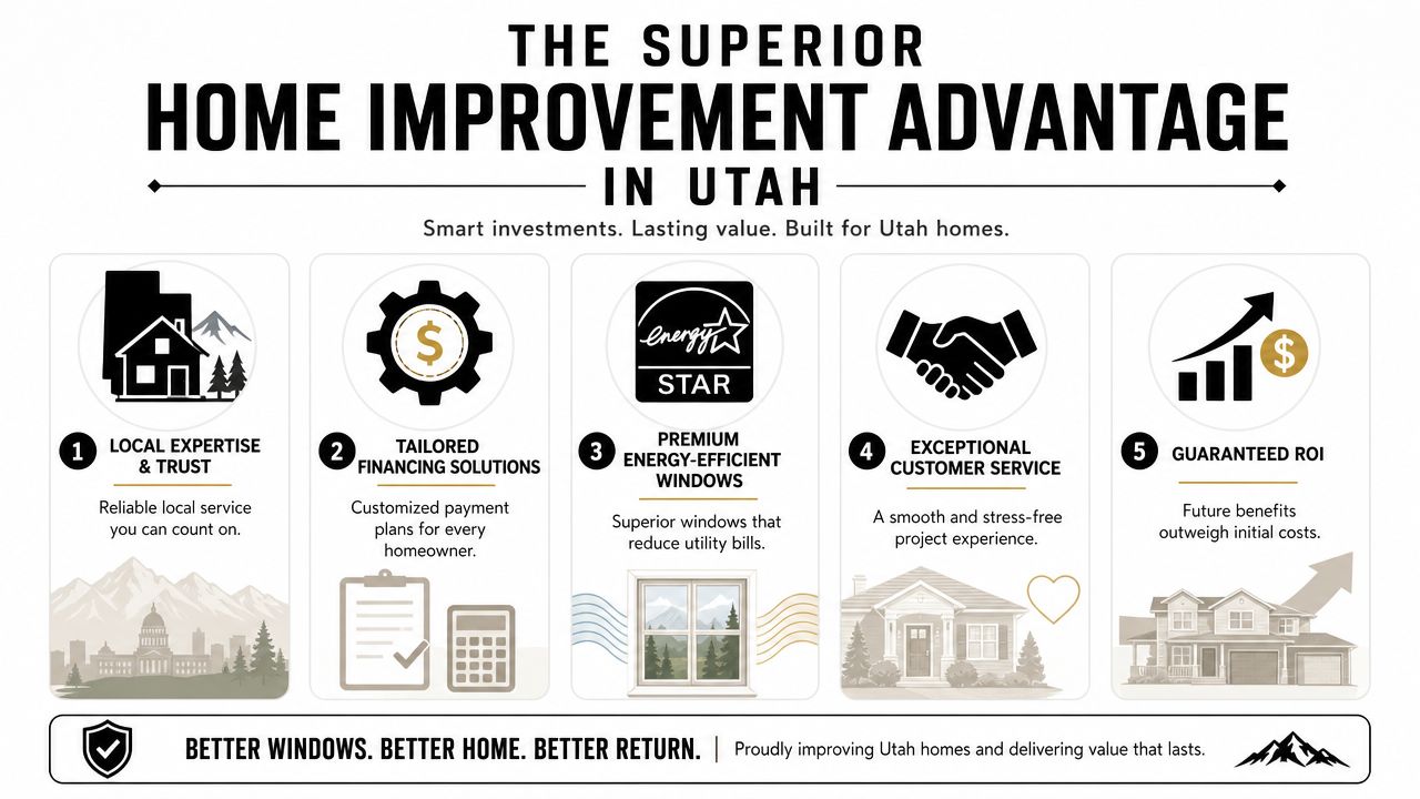 An infographic titled The Superior Home Improvement Advantage in Utah outlining five key benefits for homeowners.