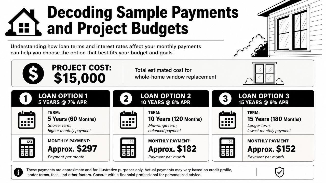 An infographic showing three different loan options for a fifteen thousand dollar home window replacement project.