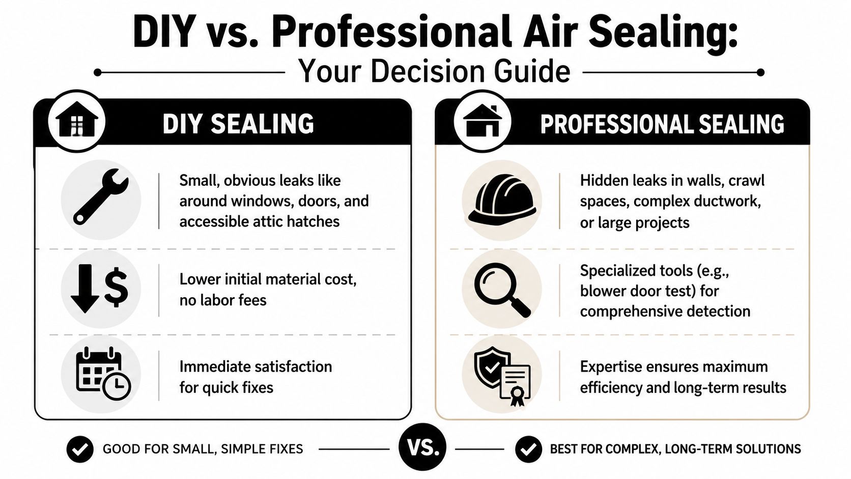 A comparison chart showing the benefits of DIY versus professional home air sealing services.