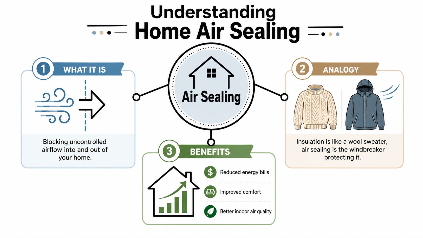 An infographic explaining home air sealing through definition, analogy, and its primary benefits for homeowners.