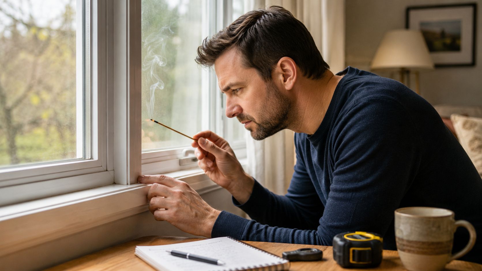 A man using an incense stick to detect air leaks around a window frame in his home.
