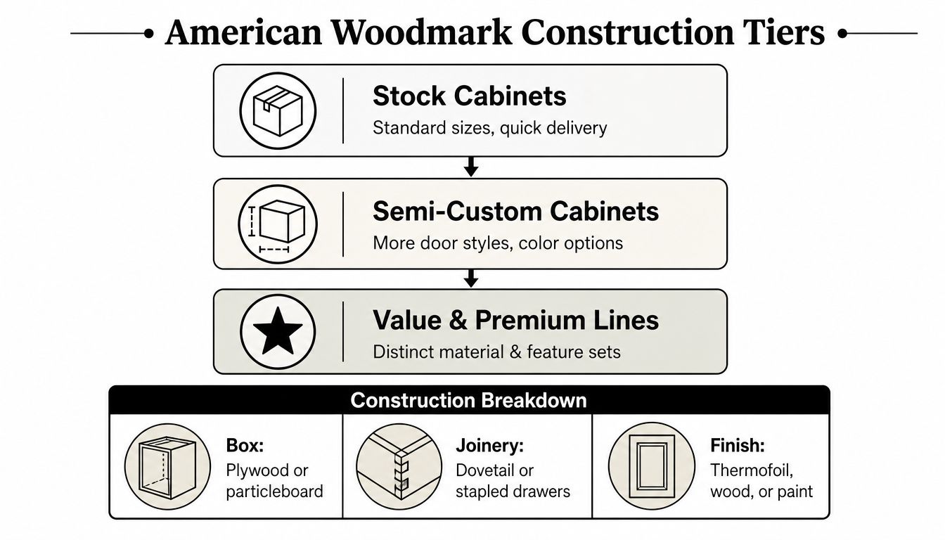 A chart illustrating American Woodmark construction tiers including stock, semi-custom, and premium lines, plus material breakdowns.