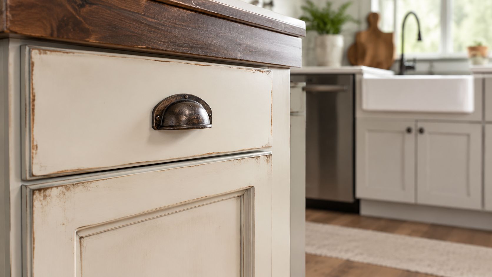 Close-up of a distressed cream-colored kitchen cabinet drawer with a rustic metal handle and wood countertop.
