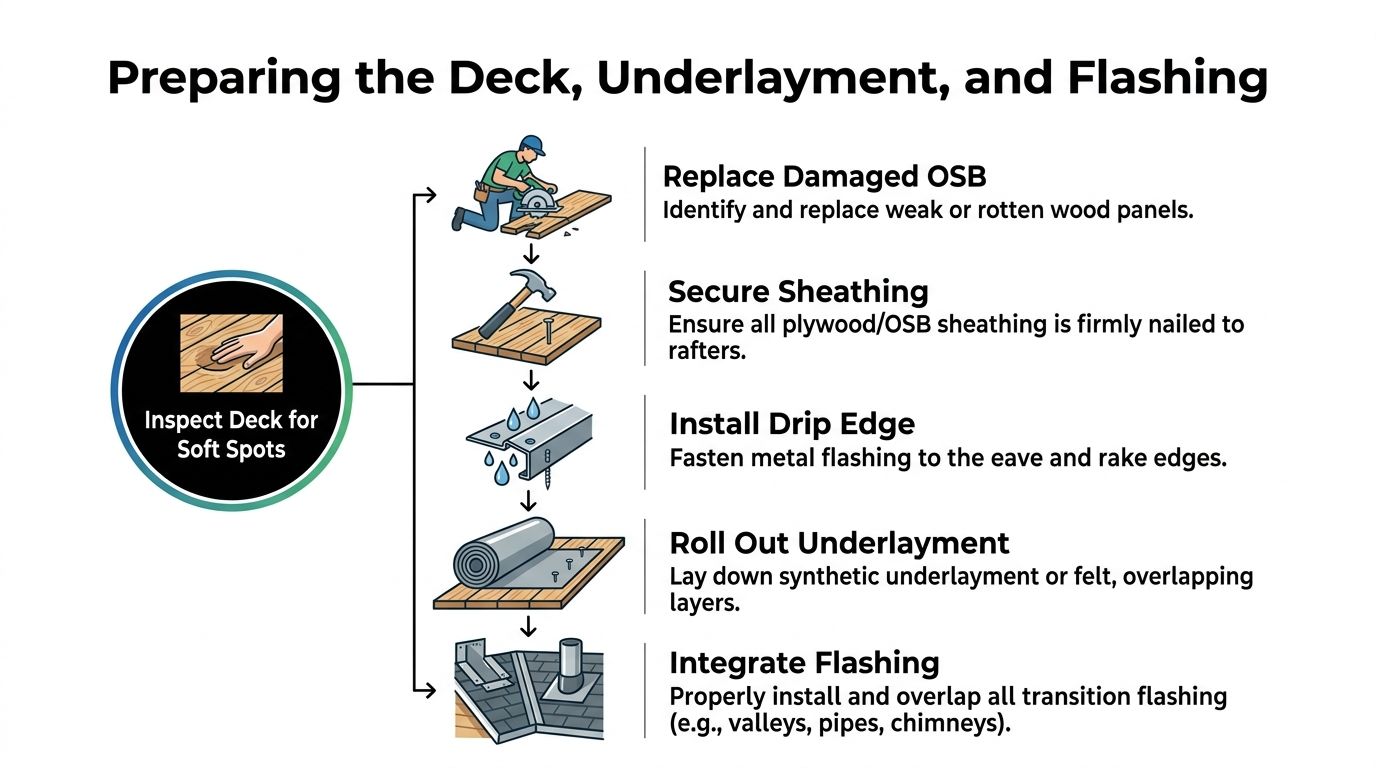 A step-by-step guide on how to prepare a roof deck, underlayment, and flashing for shingle installation.