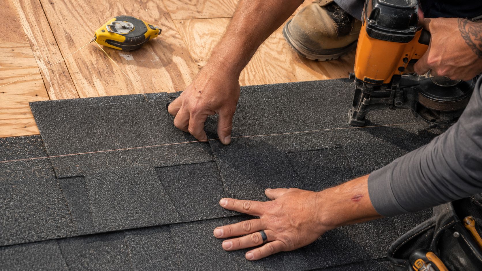 A professional roofer installing architectural shingles on a roof using a nail gun and a chalk line guide.
