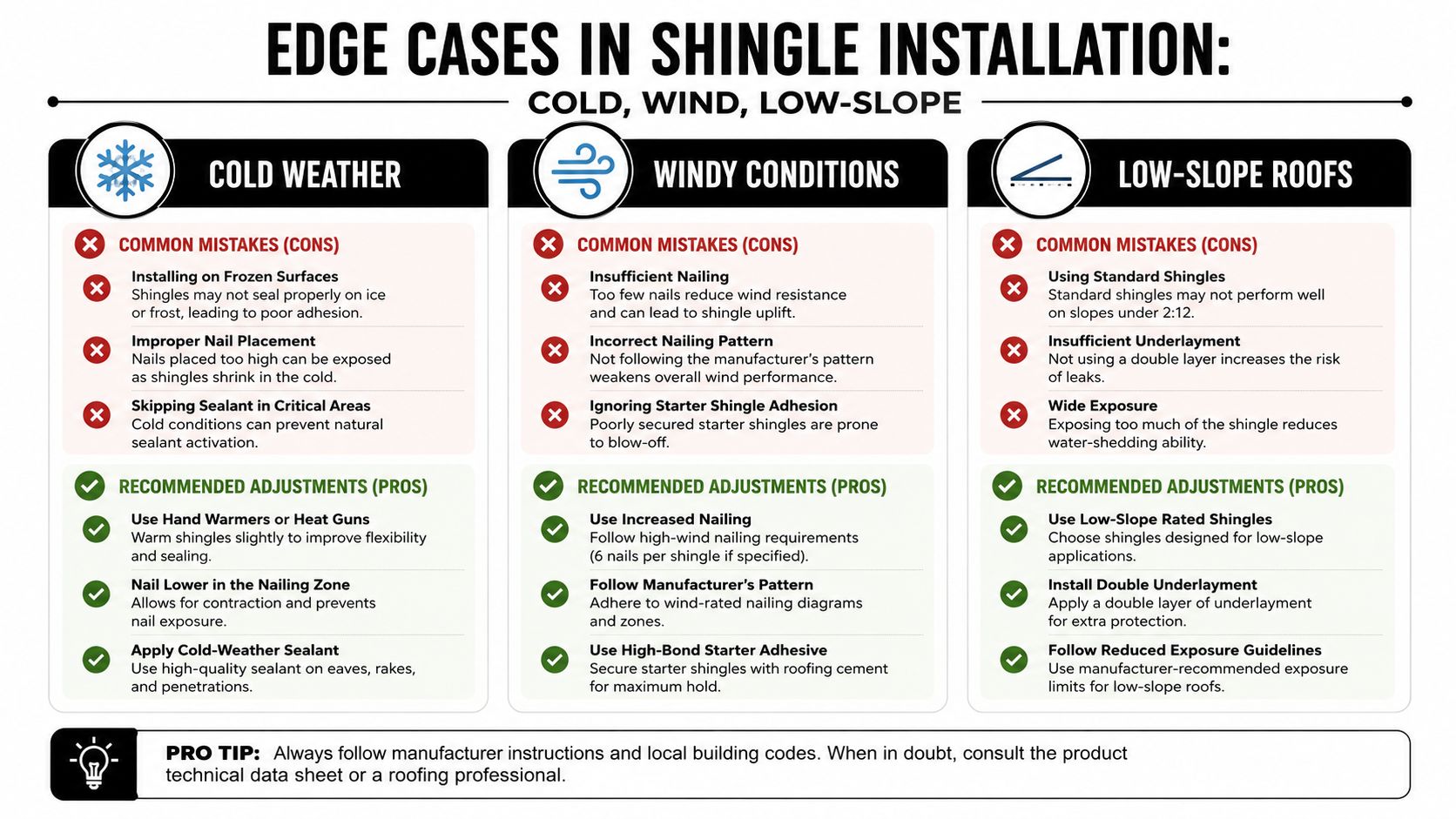 A professional infographic detailing best practices for architectural shingle installation during cold, windy, or low-slope conditions.