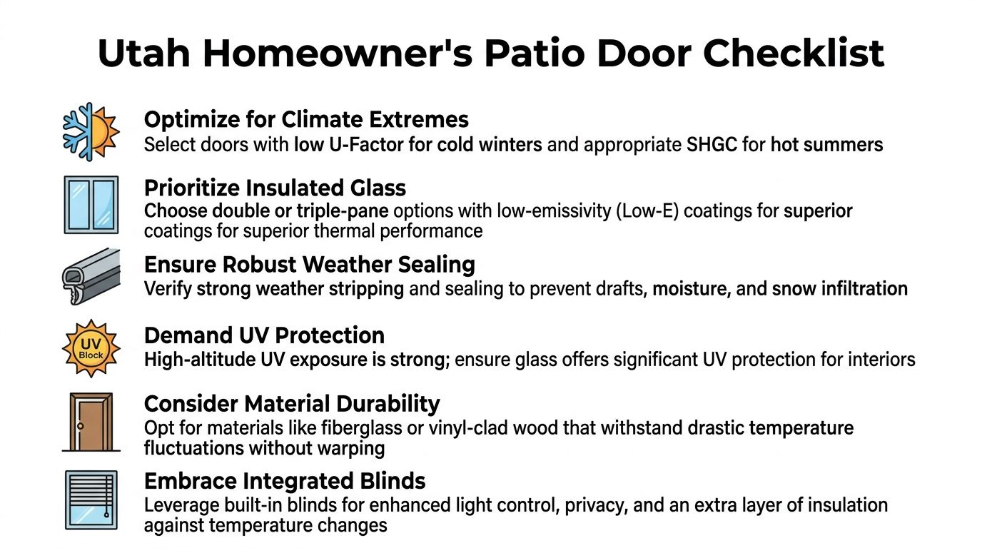 A checklist for Utah homeowners detailing features for energy-efficient, durable, and protective patio doors.