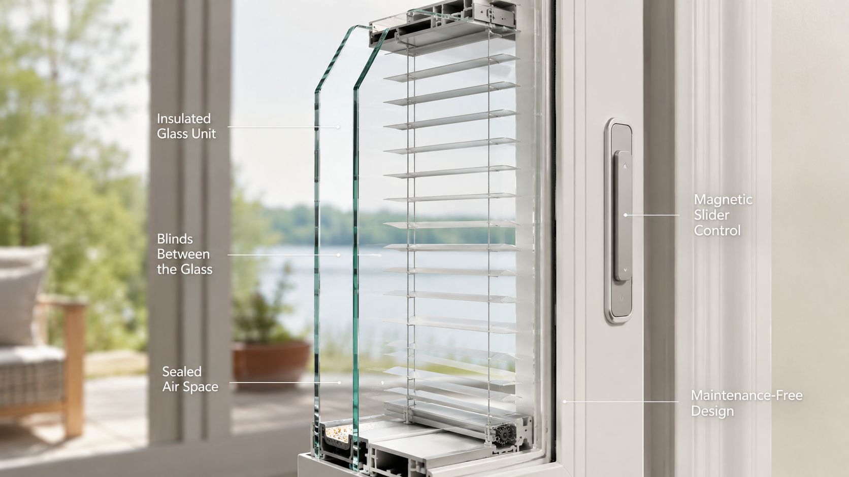 A detailed cross-section view showing a patio door with integrated blinds placed between layers of glass.