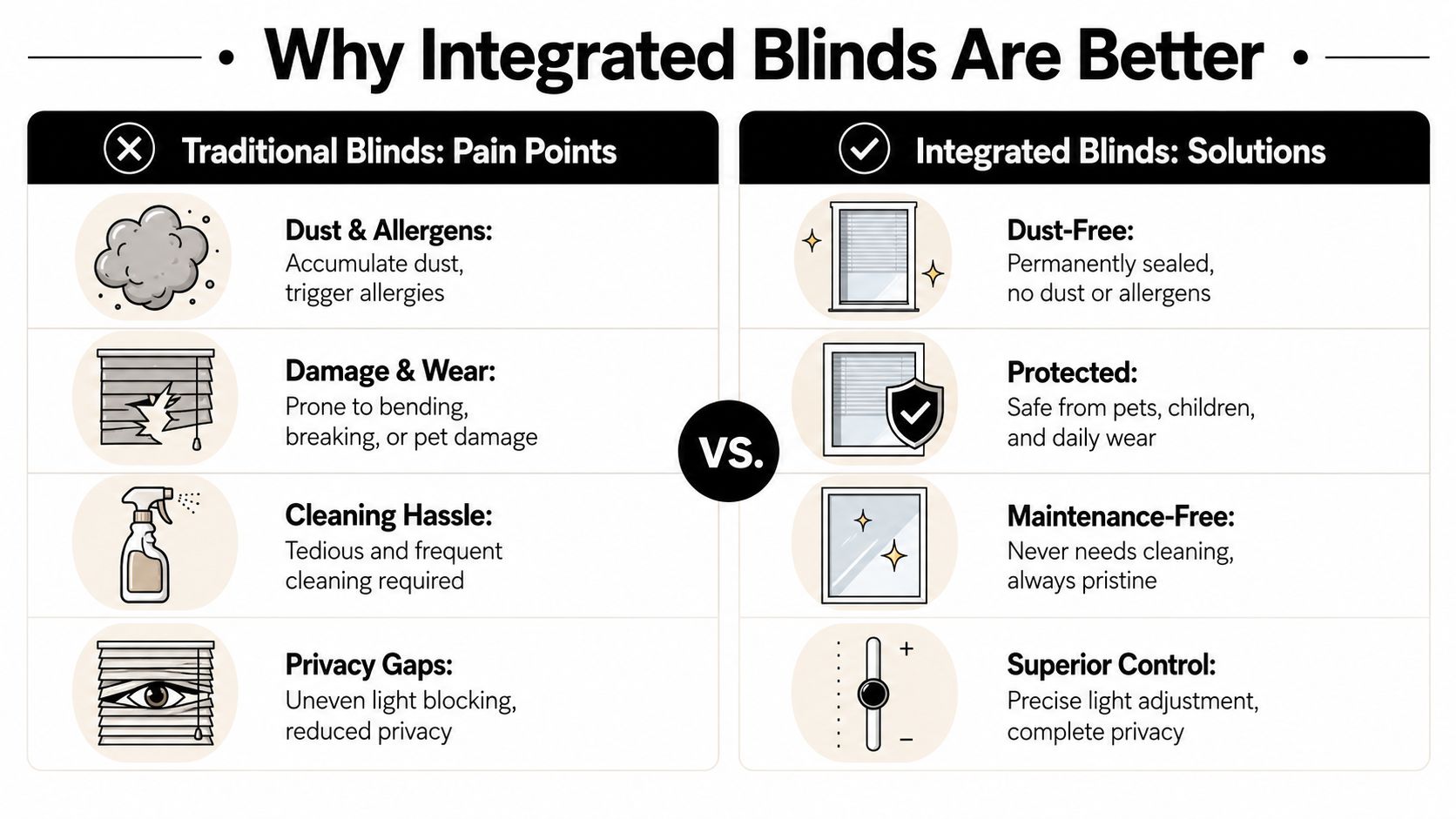A comparison chart showing the benefits of integrated blinds over traditional blinds for home window treatments.