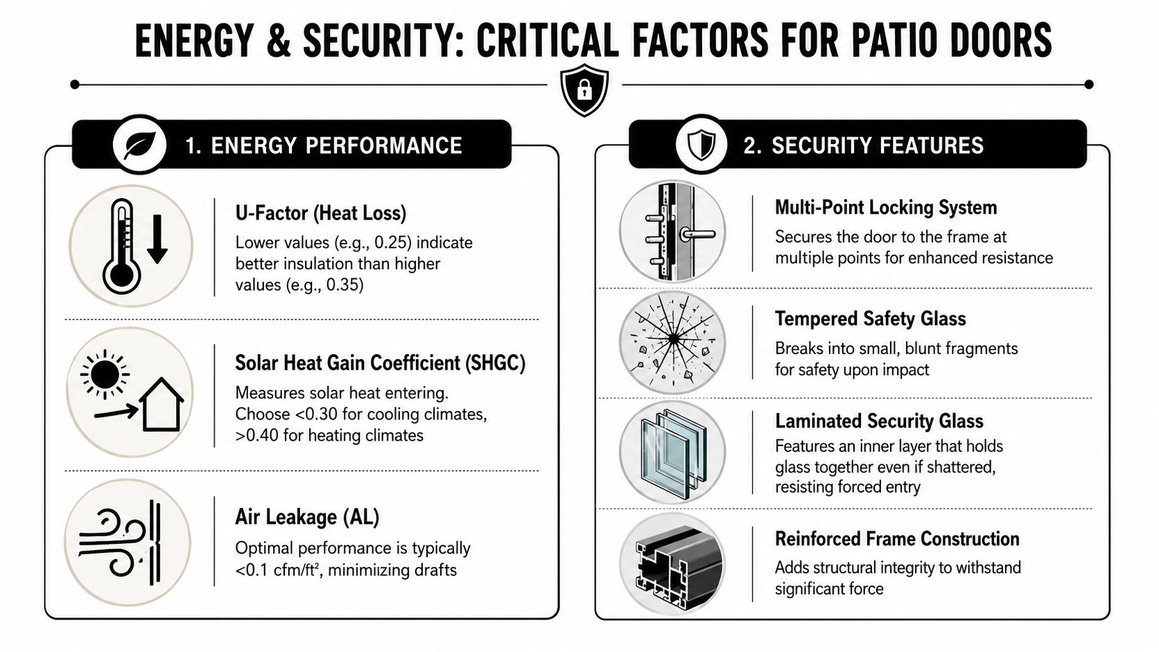 An infographic detailing essential energy efficiency and security features to consider when choosing patio doors.
