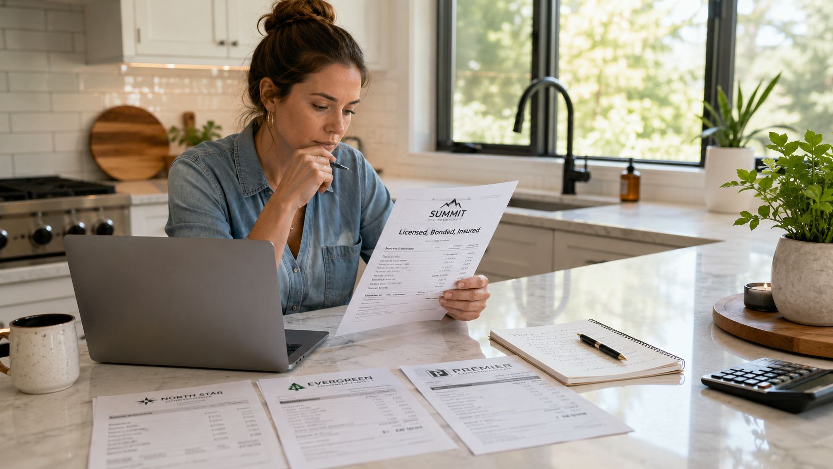 A woman reviewing construction company quotes at her kitchen counter with a laptop and documents.