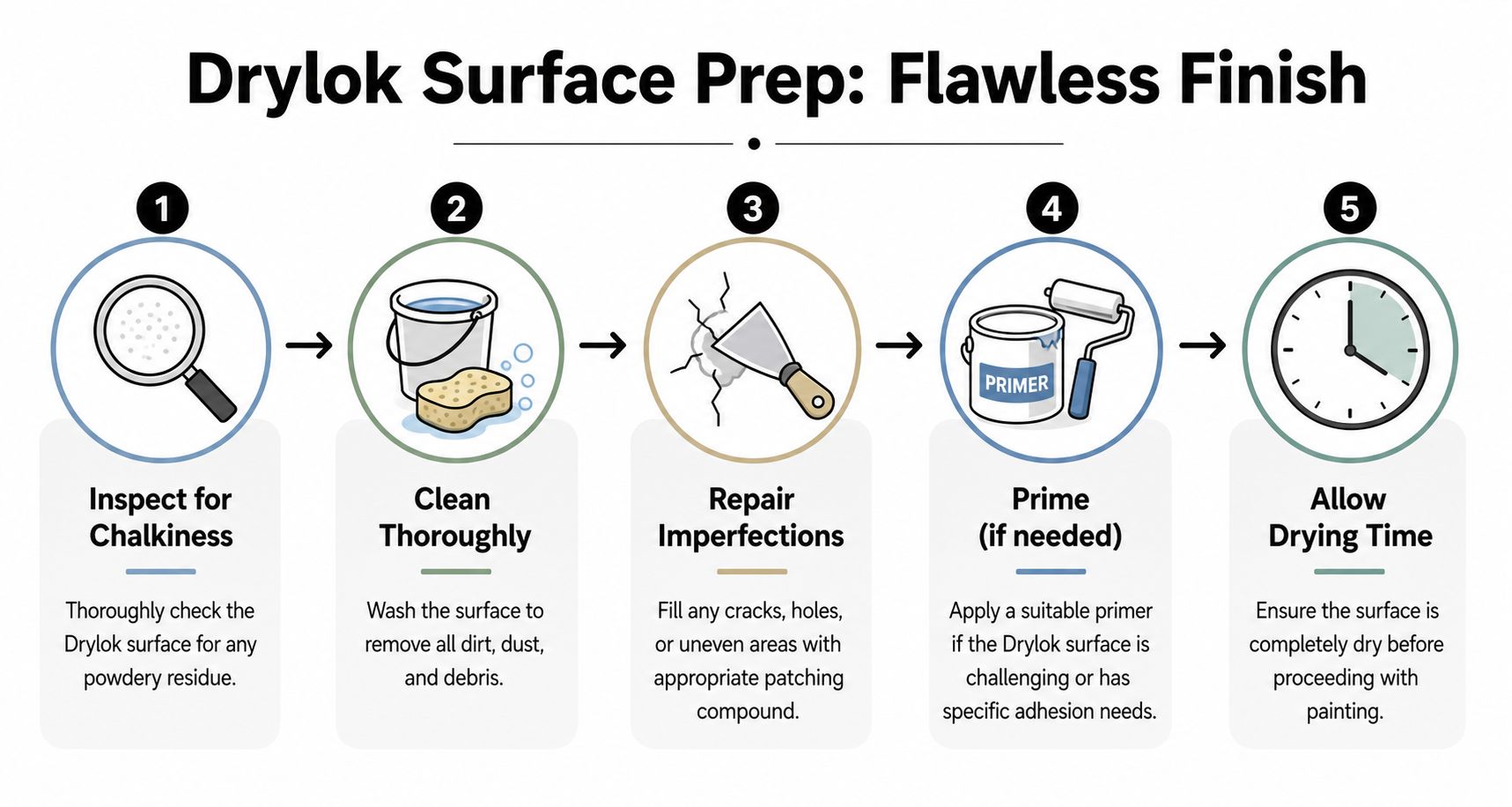 A step-by-step infographic showing how to prepare a Drylok surface for a flawless paint finish.