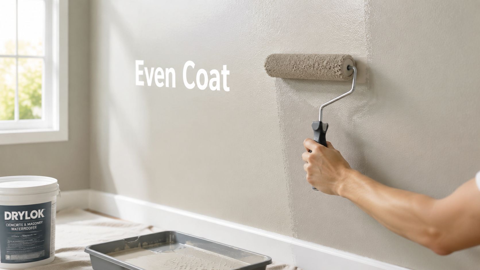 A person painting a wall with a roller using beige paint from a Drylok bucket nearby.