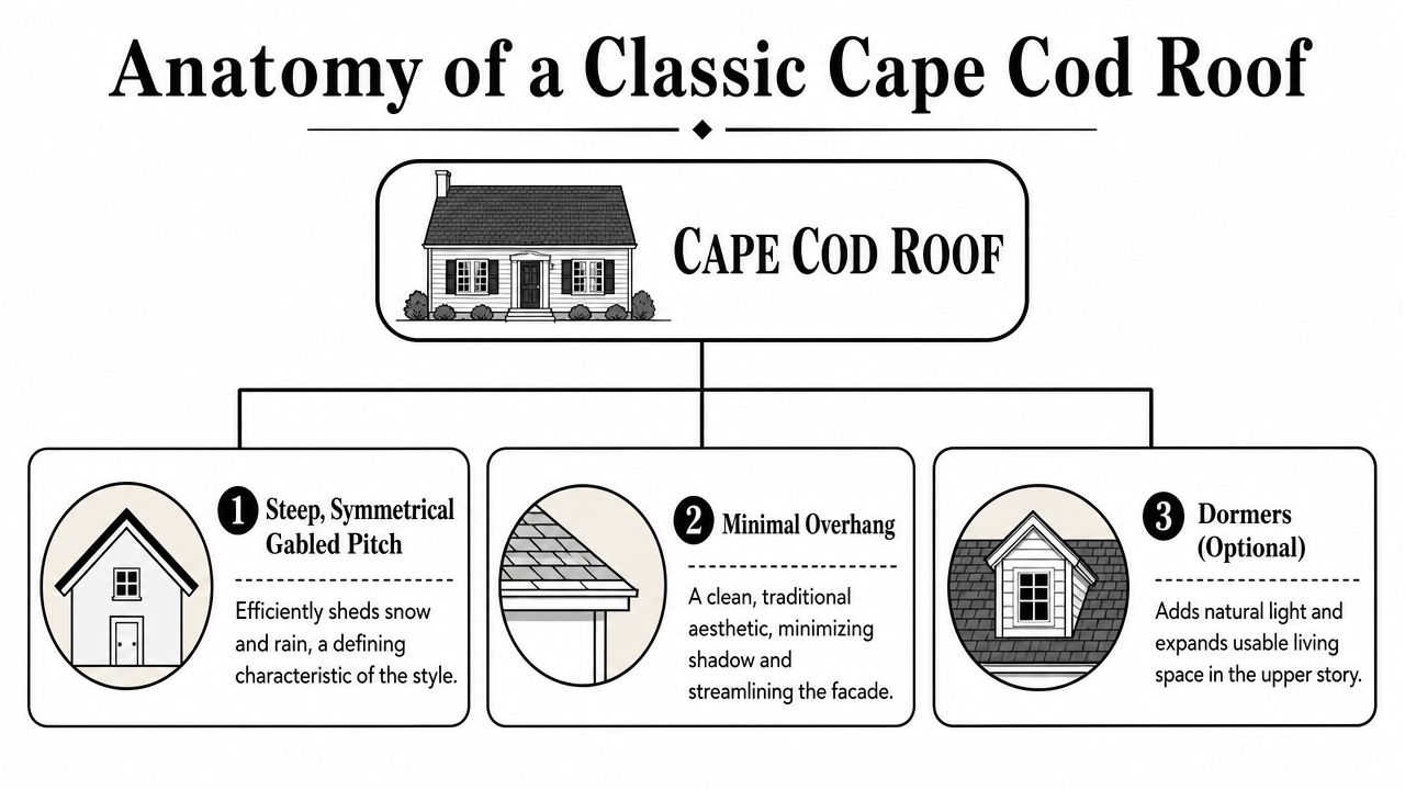 A diagram illustrating the key features of a classic Cape Cod house roof, including pitch, overhang, and dormers.