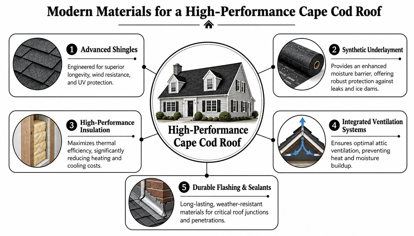 An infographic detailing the five essential modern materials required for a high-performance Cape Cod style roof.