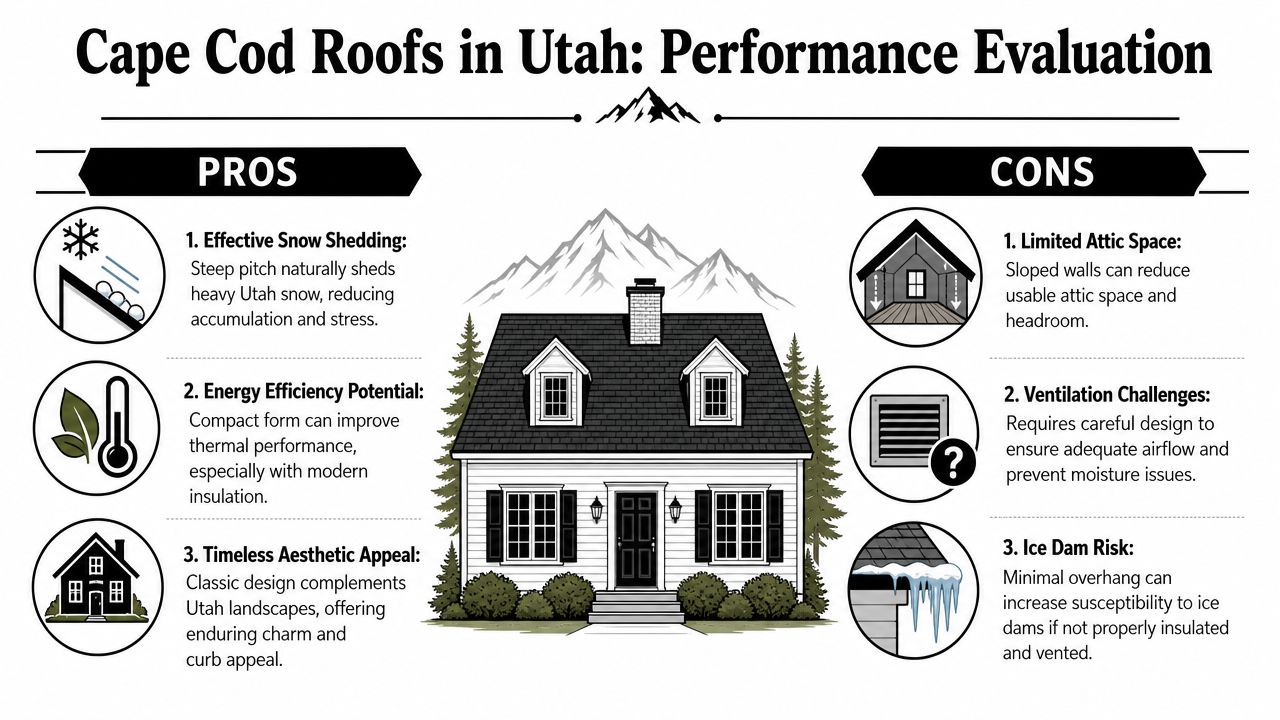 An infographic titled Cape Cod Roofs in Utah explaining the pros and cons of this house design.