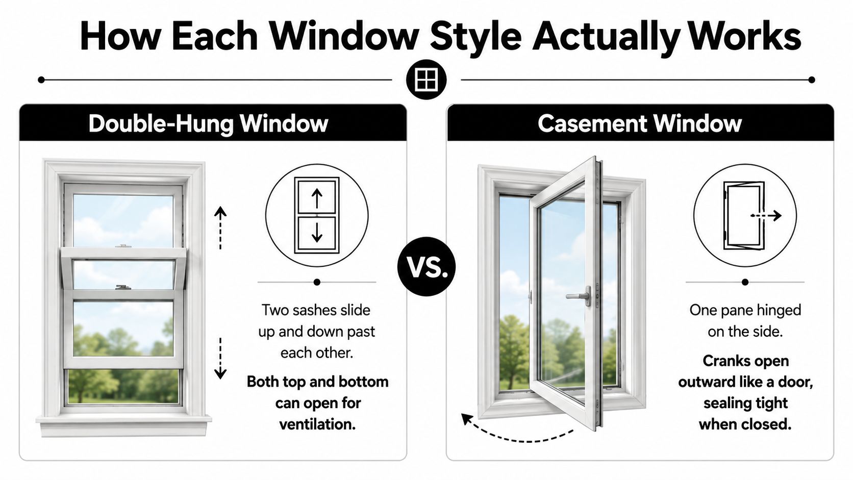 A diagram comparing the mechanism of double-hung windows versus casement windows for residential home ventilation.