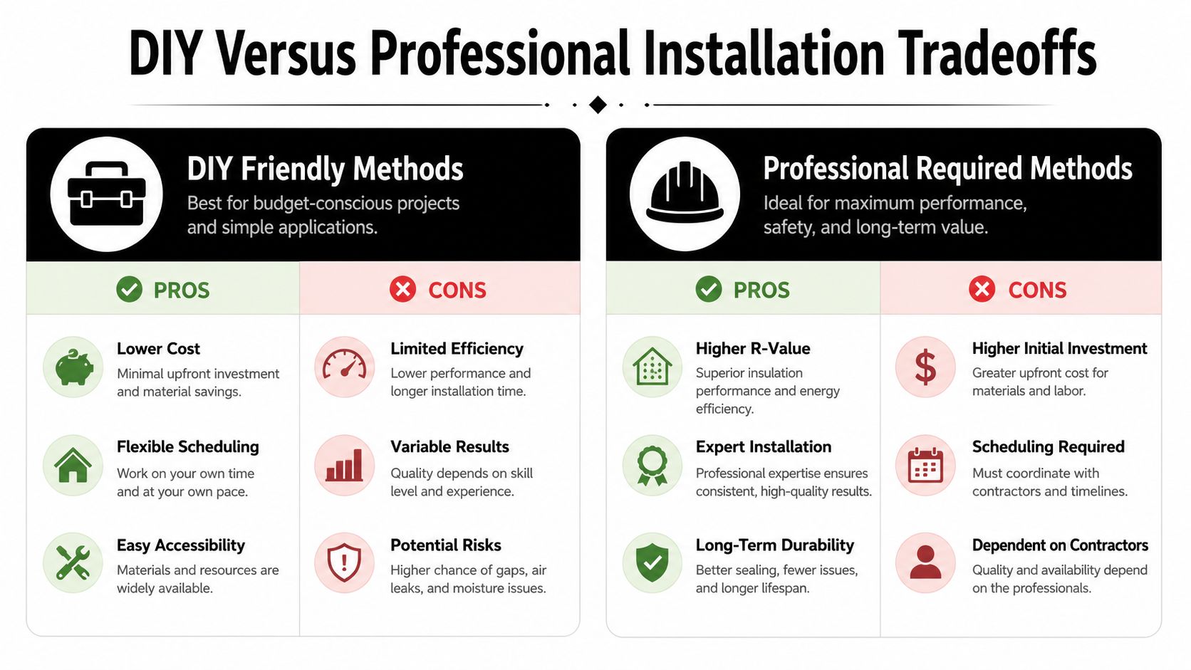 A comparison chart outlining the pros and cons of choosing DIY versus professional installation for home insulation projects.