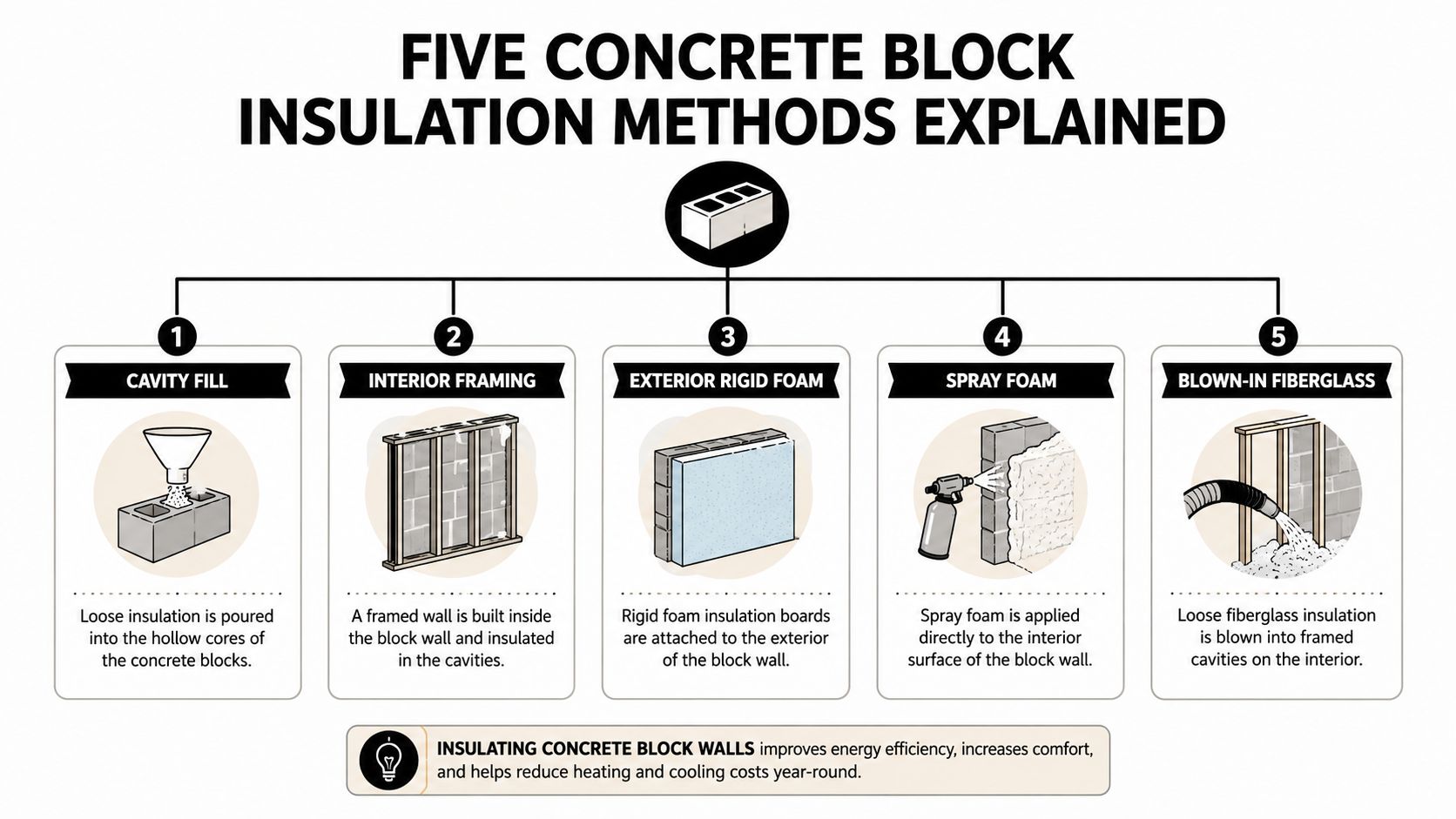 A diagram illustrating five different methods for insulating concrete block walls to improve energy efficiency and comfort.