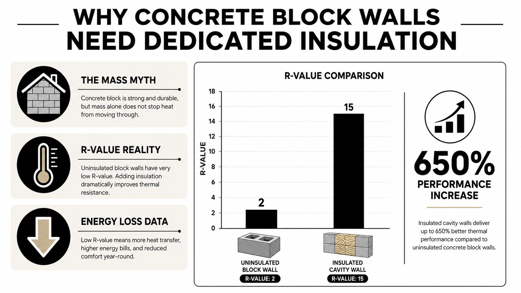 A comparison chart showing how adding insulation to concrete block walls significantly increases thermal R-value performance.