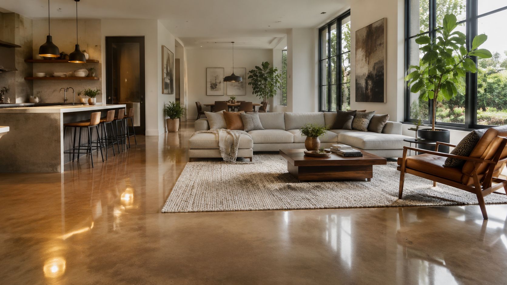 A bright open-plan living room featuring smooth concrete floors, a modern sectional sofa, and floor-to-ceiling windows.