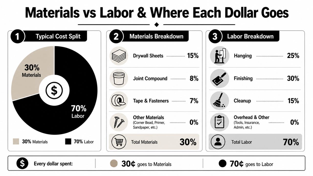 A pie chart and breakdown infographic detailing the typical cost distribution between drywall materials and labor.