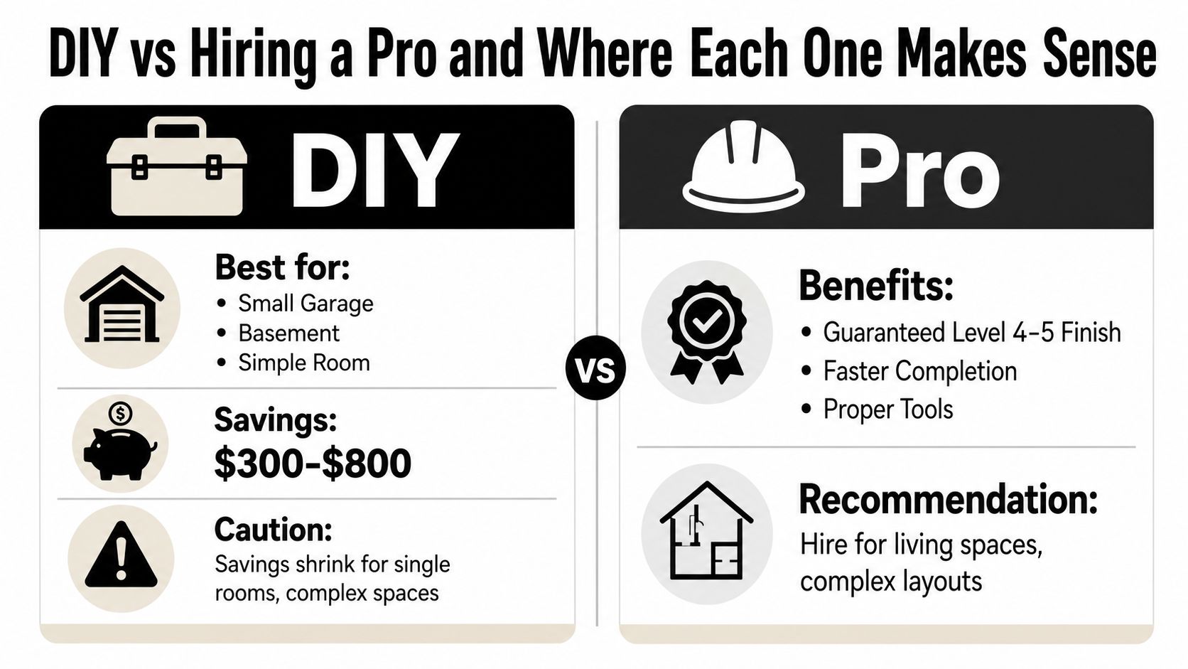 A comparison chart showing the benefits of DIY versus hiring a professional to drywall a room.
