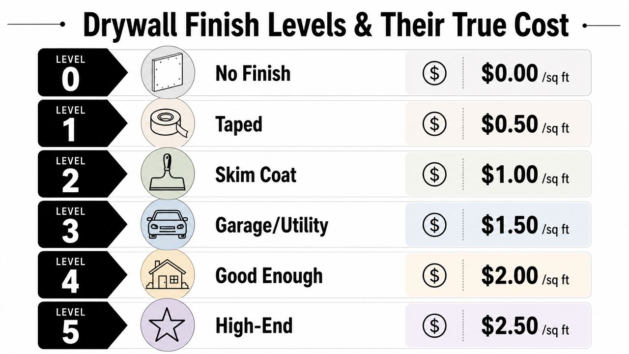 A chart comparing six different drywall finish levels from level zero to five and their associated square footage costs.