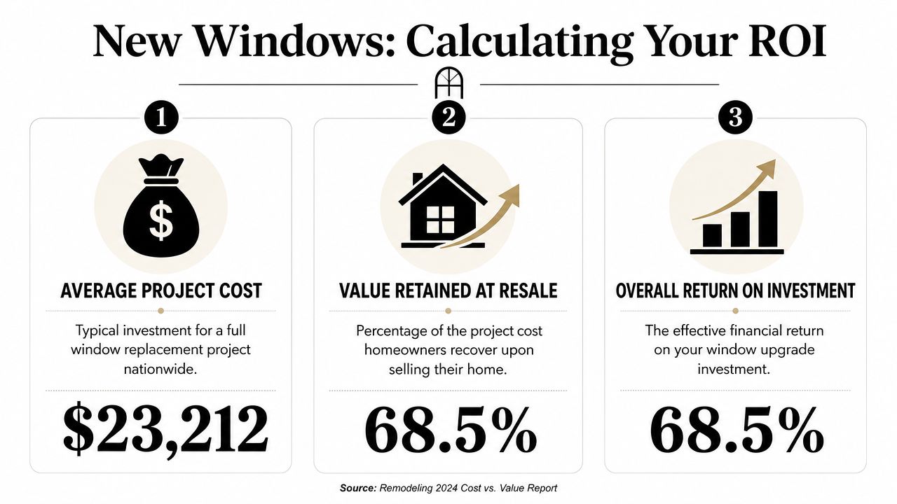 An infographic detailing the average project cost, resale value, and return on investment for replacing home windows.