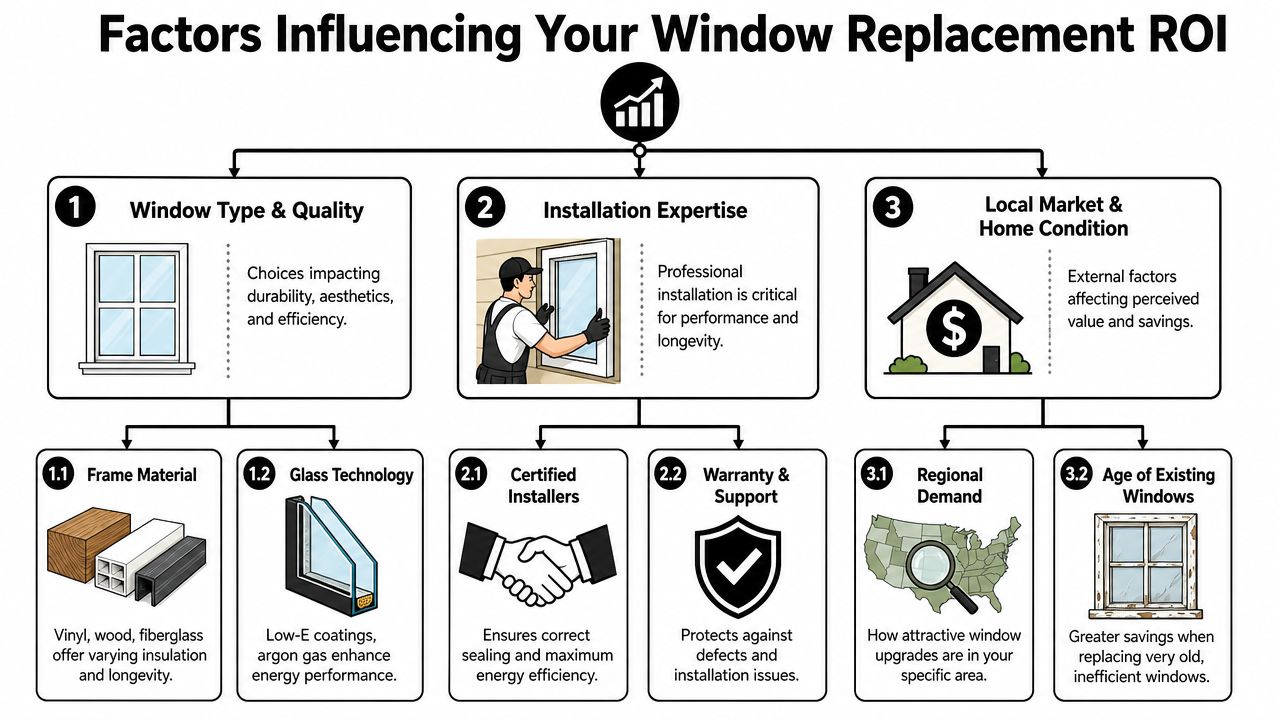 An infographic detailing the three main factors influencing return on investment for home window replacement projects.