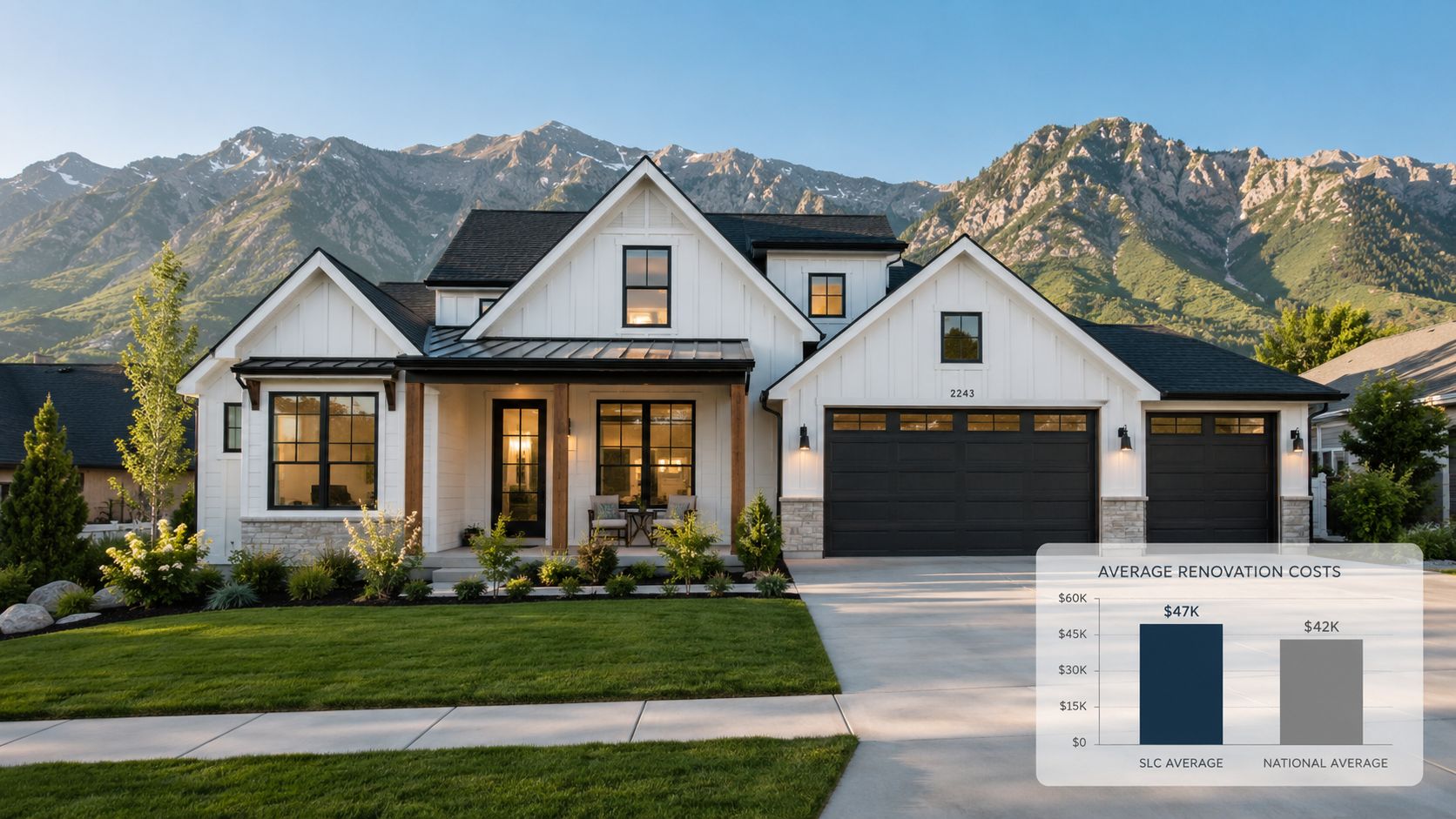 A modern farmhouse style home with a graph overlay comparing SLC and national average renovation costs.
