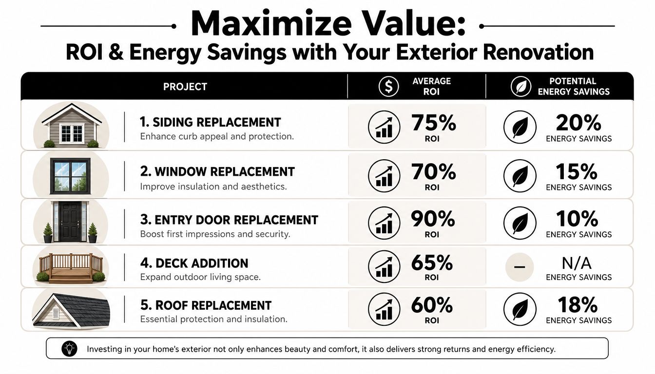 An infographic showing the ROI and potential energy savings percentages for five different exterior home renovation projects.