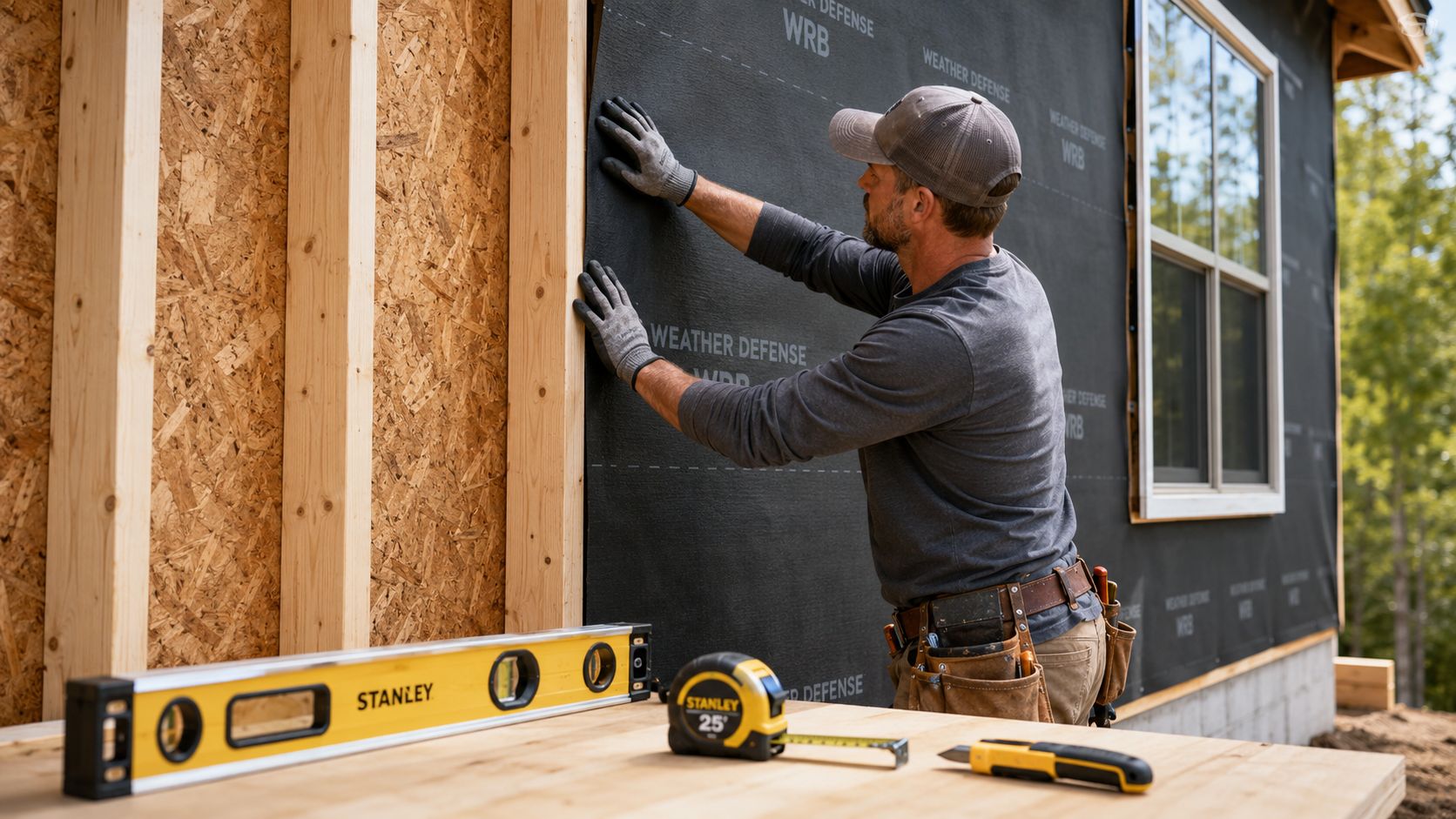 A construction worker installing black weather defense barrier material onto the wooden frame of a building.