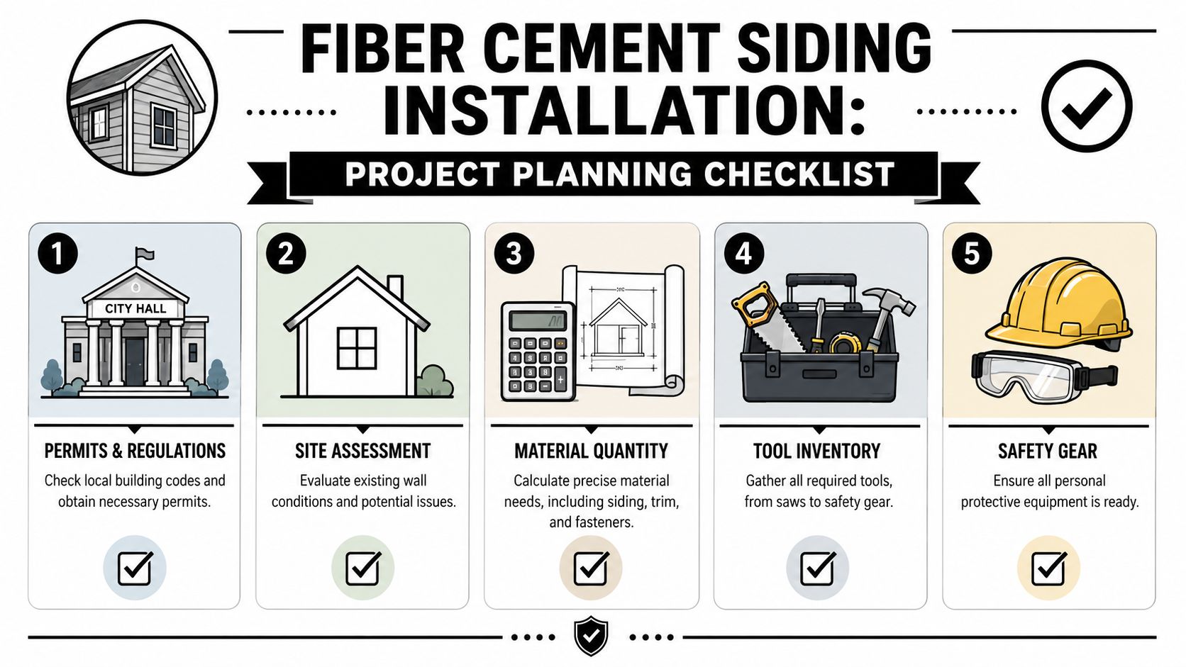 A five-step project planning checklist for professional fiber cement siding installation on residential homes.